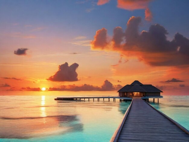 Photo a pier with a sunset in the background and a dock in the water