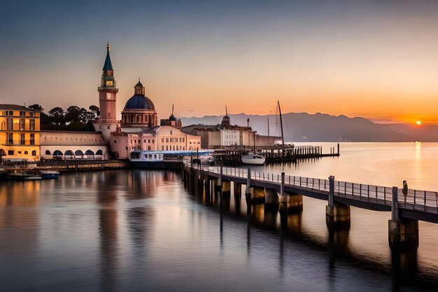 a pier with a sunset in the background and a mountain in the background.