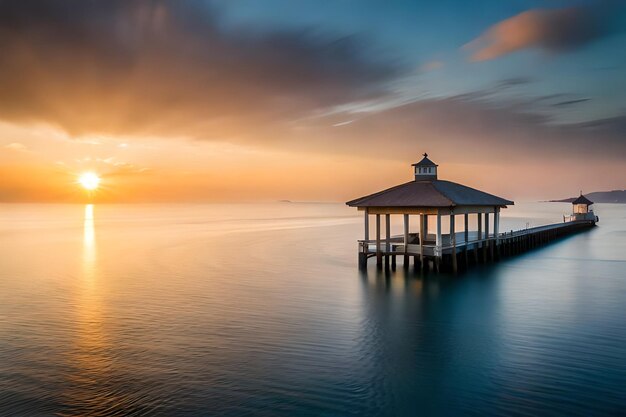 Photo a pier with a sunset in the background and a sunset in the background