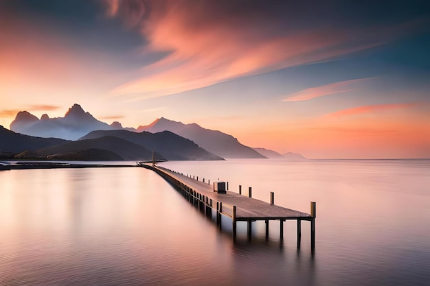 A pier with a sunset in the background