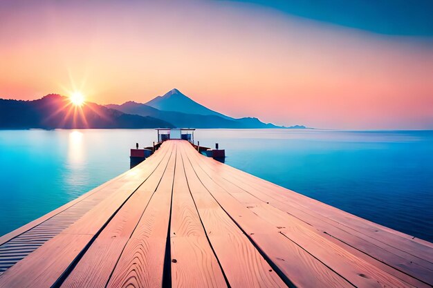 A pier with a sunset in the background