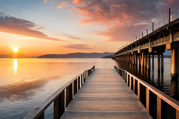 A pier with a sunset in the background