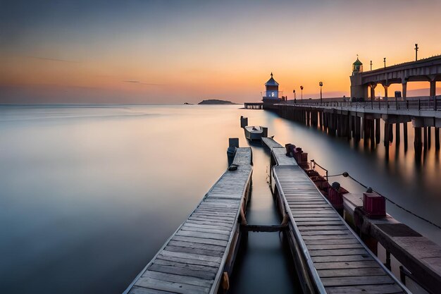 a pier with a sunset in the background