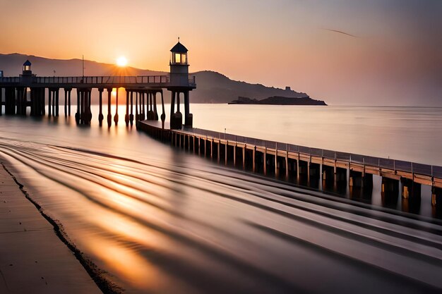 a pier with a sunset in the background