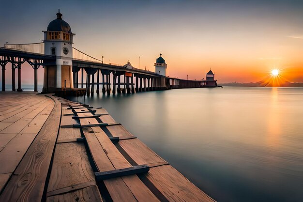 a pier with a sunset in the background