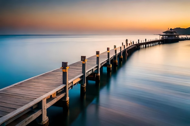 a pier with a sunset in the background