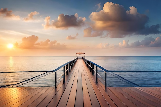 A pier with a sunset in the background