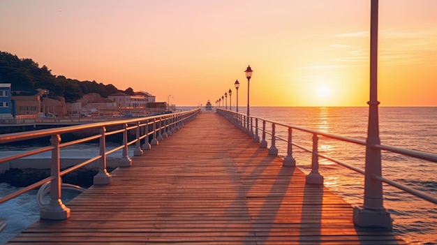 a pier with a sunset in the background