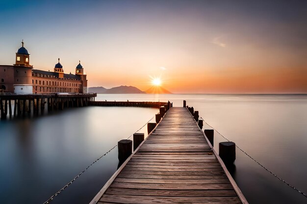 A pier with a sunset in the background