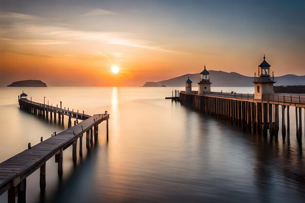 a pier with a sunset in the background