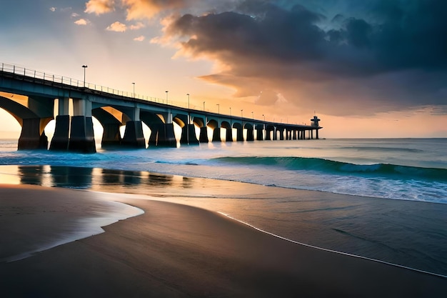 A pier with a sunset in the background