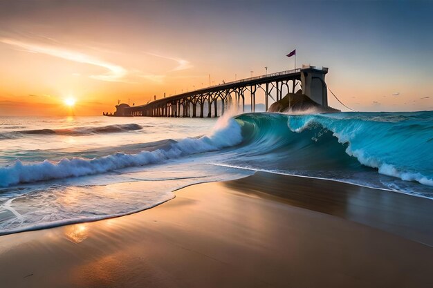 A pier with a sunset in the background