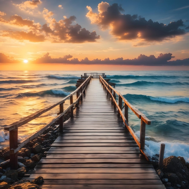 a pier with a sunset and a pier in the background generated by ai