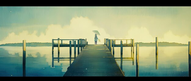 a pier with a umbrella on it and a boat in the water