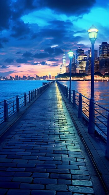 A pier with a view of the city at night