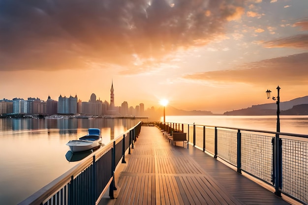 a pier with a view of the city skyline in the background.