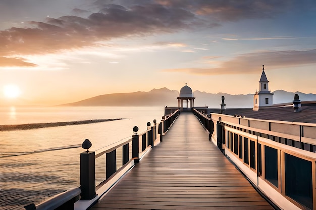 a pier with a view of the mountains in the background.