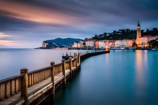 a pier with a view of the sea and the city in the background.