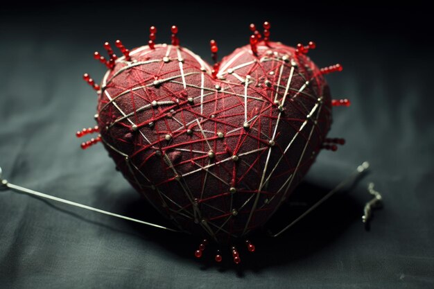 Проколотое красное сердце с булавками и иглами Концепция разбитого сердца