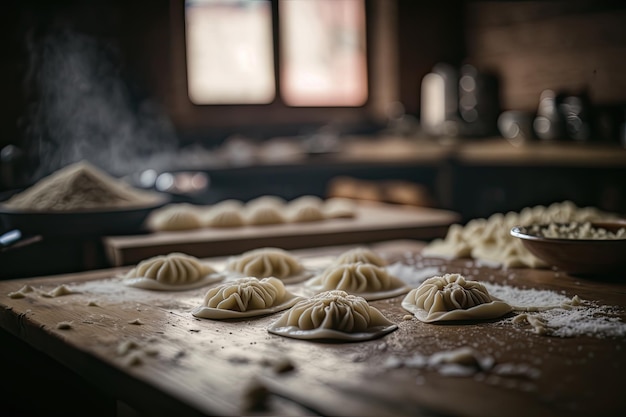 Pierogi in the making on a wooden background