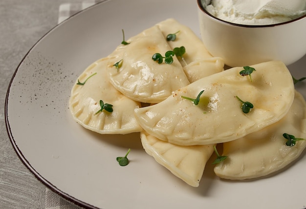 Pierogi a traditional dish of Polish cuisine dumplings top view closeup no people