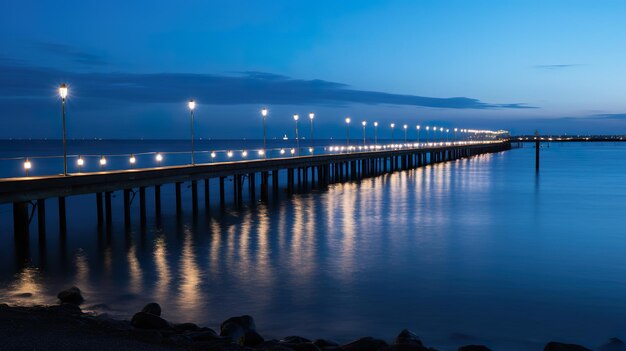 Piers jutting out into a calm sea during blue hour