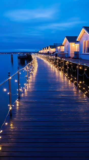 Piers jutting out into a calm sea during blue hour