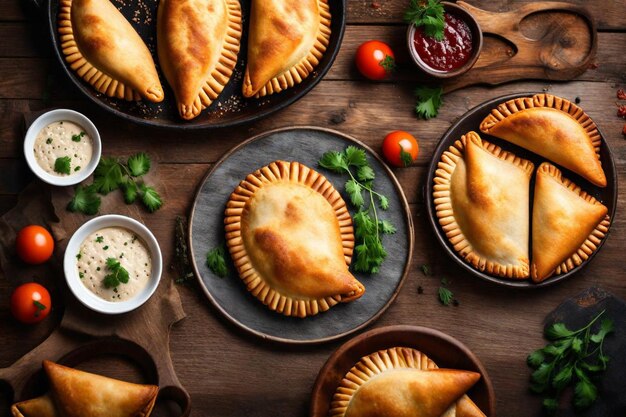 Photo pies are on a table with a plate of pies