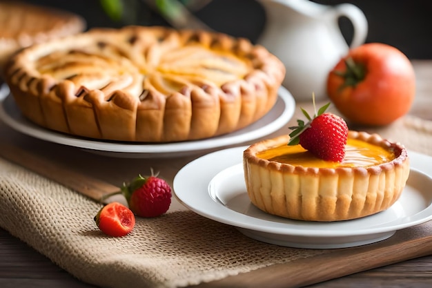 pies on a plate with strawberries on the table.