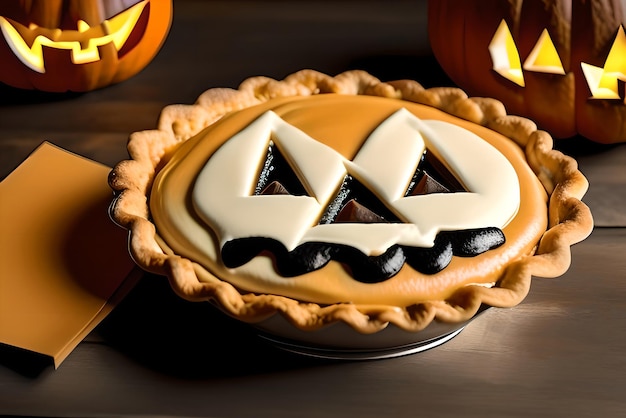 Pies with pumpkin face for Halloween AI generated content