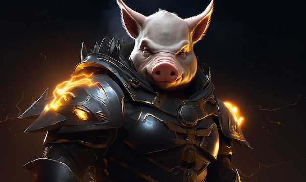 a pig in a armor with flames on the face