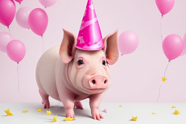 Pig on the birthday party and dressed in holiday caps ai generative