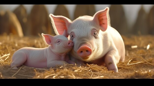 Photo a pig caressing its calf beautiful image ai generated art