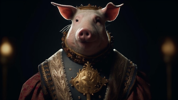 A pig in a costume with a crown on it