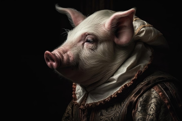 A pig in a dress is shown in a costume.