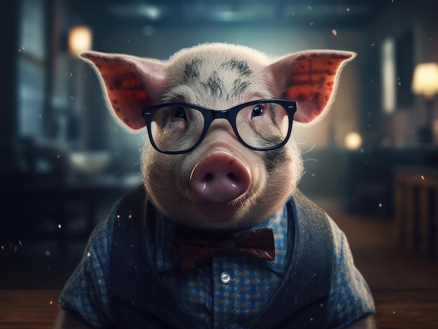 Foto porco vestito in abito da lavoro e indossando occhiali in primo piano ritratto