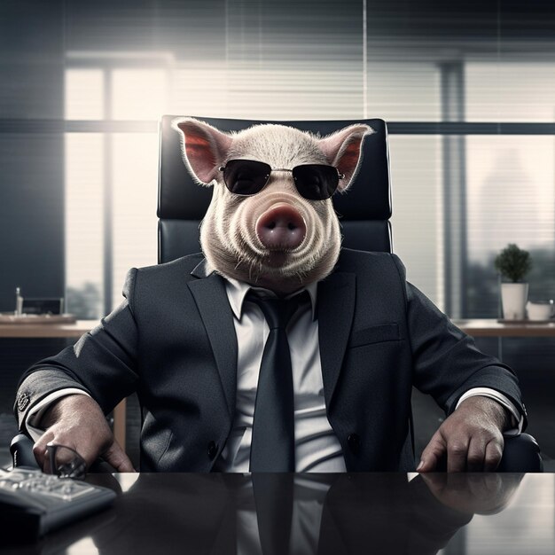 Photo a pig dressing a black suite with sunglasses in a cristal office like a boss