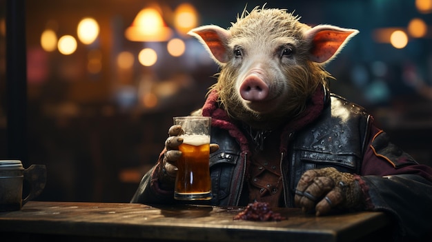 Photo pig drinking beer in a bar