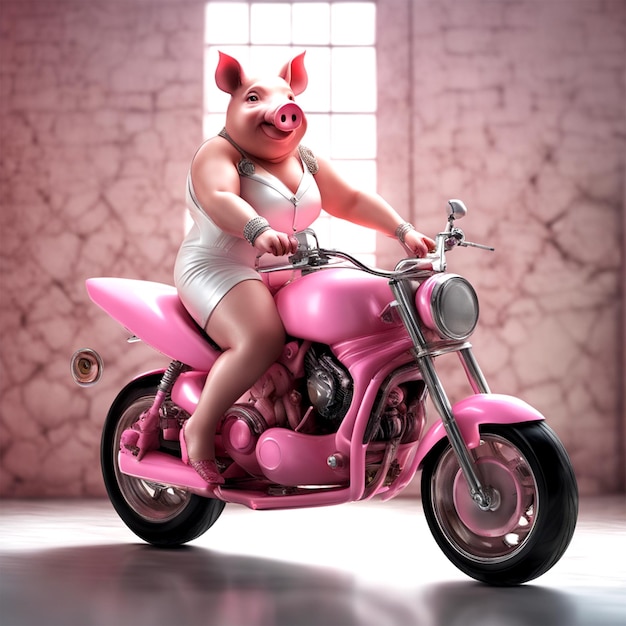 pig driving pink motor bike pink pig in white leather dress pure perfection divine presence