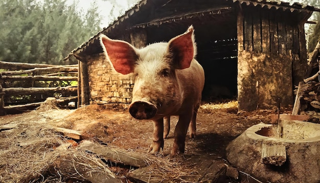 Foto il maiale nel fienile dell'azienda agricola ai generato