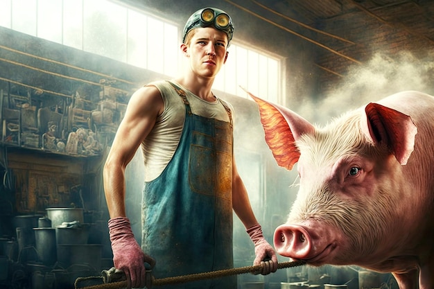 Pig farmer works in pigsty on pig farm