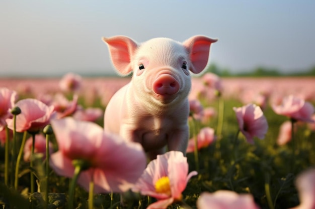 pig in a field of flowers