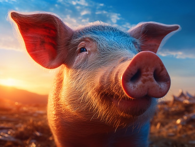 A pig in a field at sunset