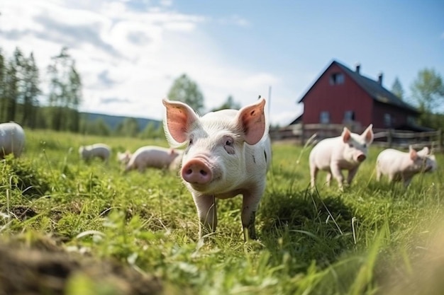 Photo a pig in a field with a red barn in the background