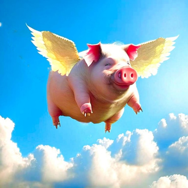 Pig flies on angel wings in the sky