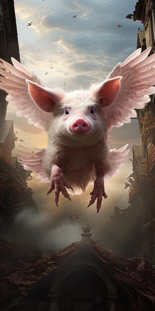 Photo a pig flying in the air with wings that say pig