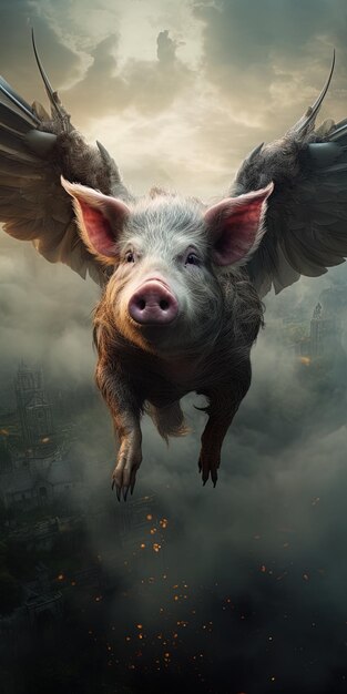 Photo a pig flying in the sky with the words piggy on it
