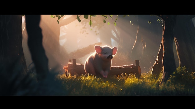 A pig in a forest with the sun shining on it