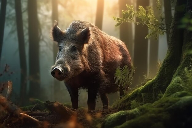 A pig in the forest with a tree stump in the background