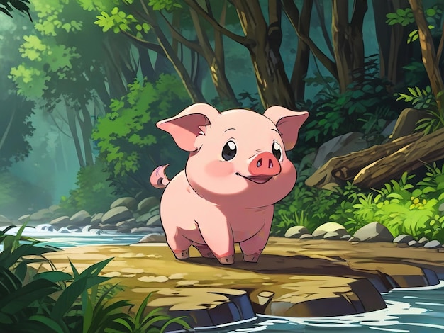 a pig in a forest with trees and plants